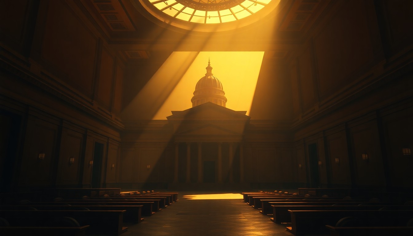 A dimly lit, cinematic painting of an empty government building or legislative chamber, with warm sunlight streaming through the windows and deep shadows cast across the walls, conveying a sense of quiet contemplation and the weight of political decision-making.