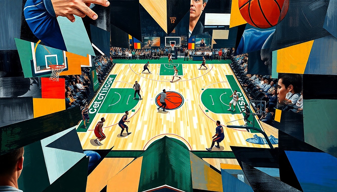 A fragmented, geometric painting depicting the dynamic action of a basketball game between the Celtics and Knicks, with the players' movements and the court's lines broken down into sharp, overlapping planes of color.