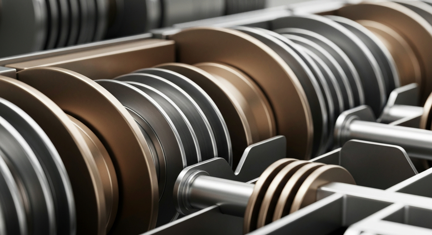 A highly detailed, macro-level view of heavy, metallic banking machinery and mechanisms, conveying a sense of the institutional strength and security of the financial system.