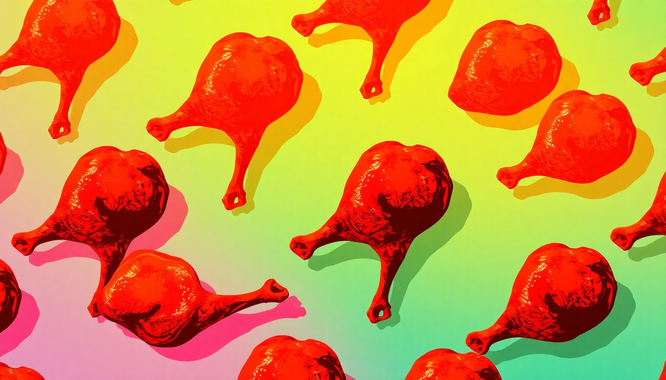 A highly stylized, abstract illustration featuring a repeating pattern of a barbecue chicken drumstick in bright, neon colors, conceptually representing the vibrant community spirit of a local fire department's fundraising event.