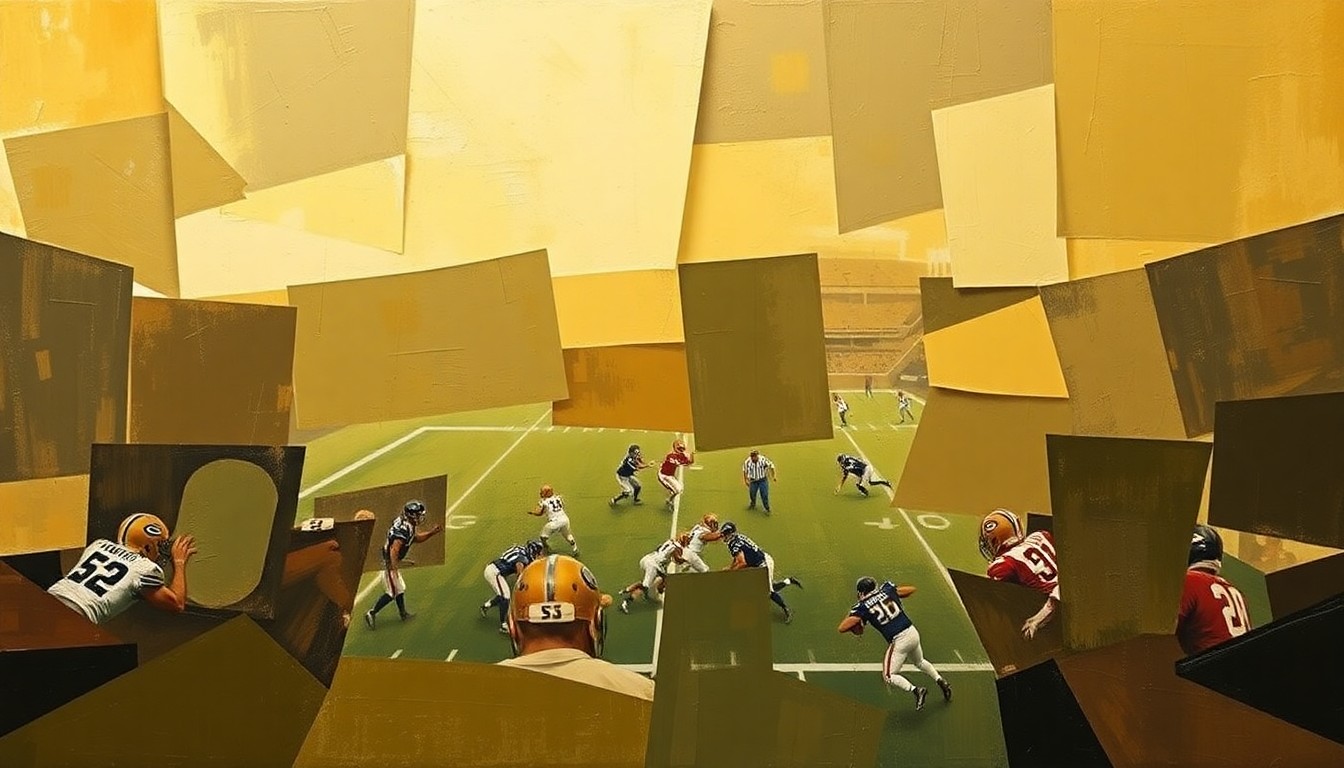 A fragmented, cubist-style painting showing overlapping geometric shapes and planes in muted earth tones, representing the intricate quarterback situation in Minnesota with multiple players competing for the starting role.
