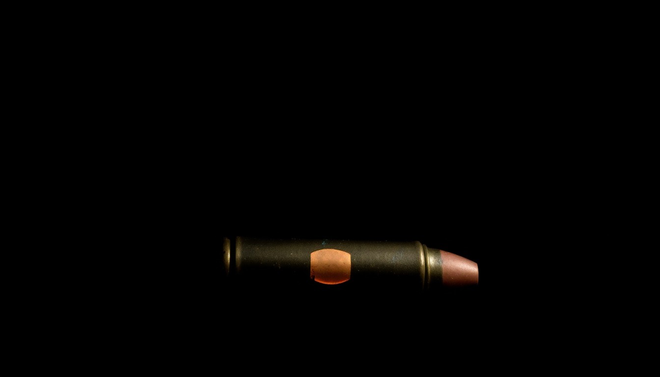 An extreme close-up of a spent bullet casing against a pitch-black background, conceptually representing the investigative nature of this cold case crime.