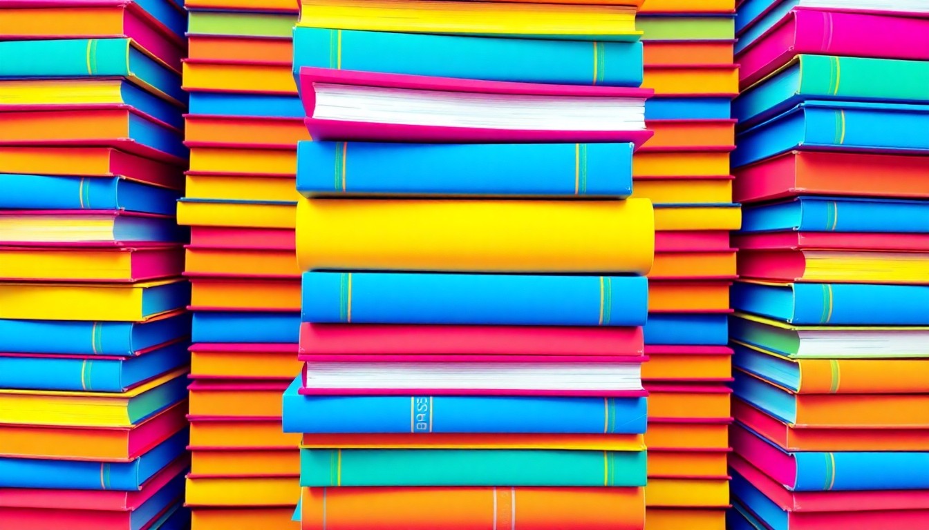 A bold, abstract silkscreen illustration featuring a repeating grid of brightly colored textbooks in neon shades of blue, pink, and yellow, conceptually representing the budgetary challenges facing the Clark County School District.