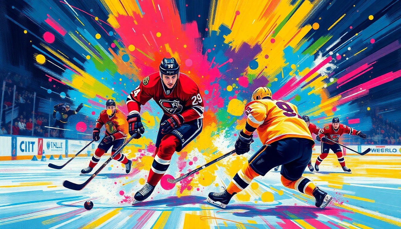 A dynamic, abstract painting in neon colors capturing the intense action and energy of an NHL hockey game, with the players' forms blending into vibrant brushstrokes.