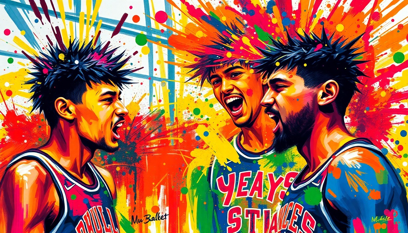 An abstract, expressionist painting in vibrant neon colors depicting the energetic and playful motion of a locker room prank, with the players' forms dissolving into splashes of paint.