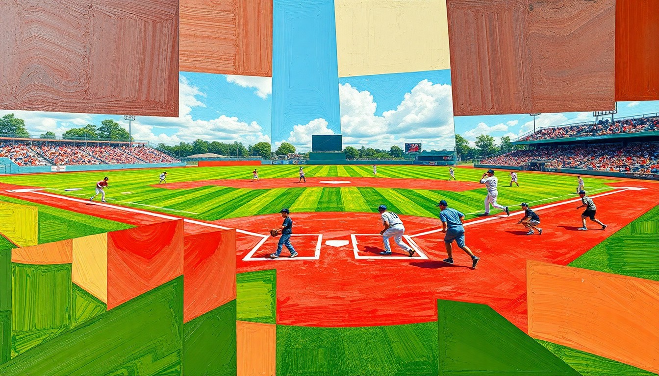 A fragmented, geometric painting depicting a high school baseball game, with players' bodies and the field broken down into sharp, overlapping planes of color, conveying the competitive imbalance of the one-sided contest.