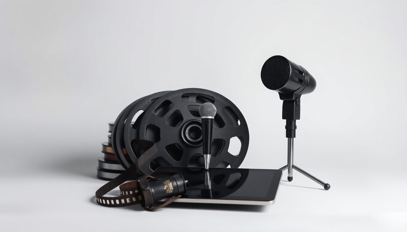 A high-end, photorealistic studio still-life photograph featuring a stack of vintage film reels, a retro microphone, and a sleek, modern tablet device arranged elegantly on a clean, monochromatic seamless background, representing the intersection of Sumner Redstone's legacy in traditional and digital media.