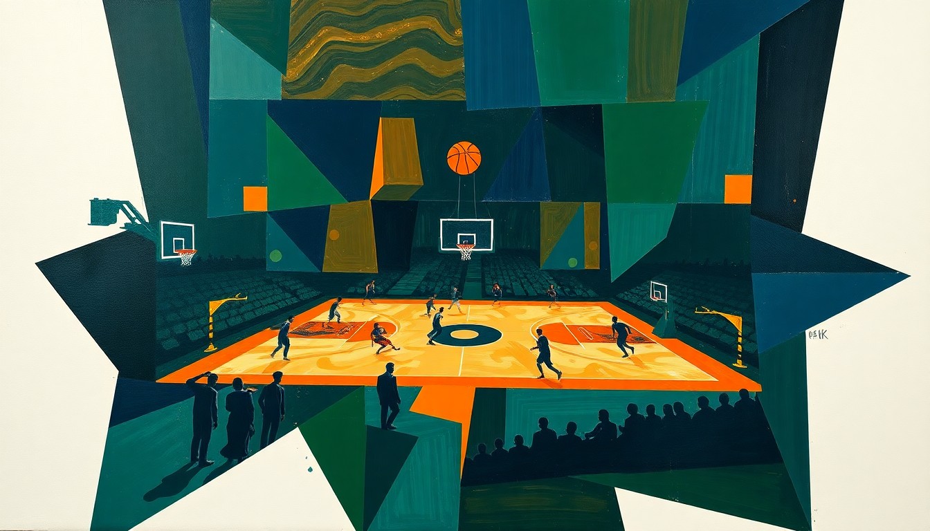 A cubist, geometric painting depicting a fragmented basketball court scene with overlapping planes of navy, green, and orange, conveying the challenges and obstacles faced by pioneering Black players in the NBA.
