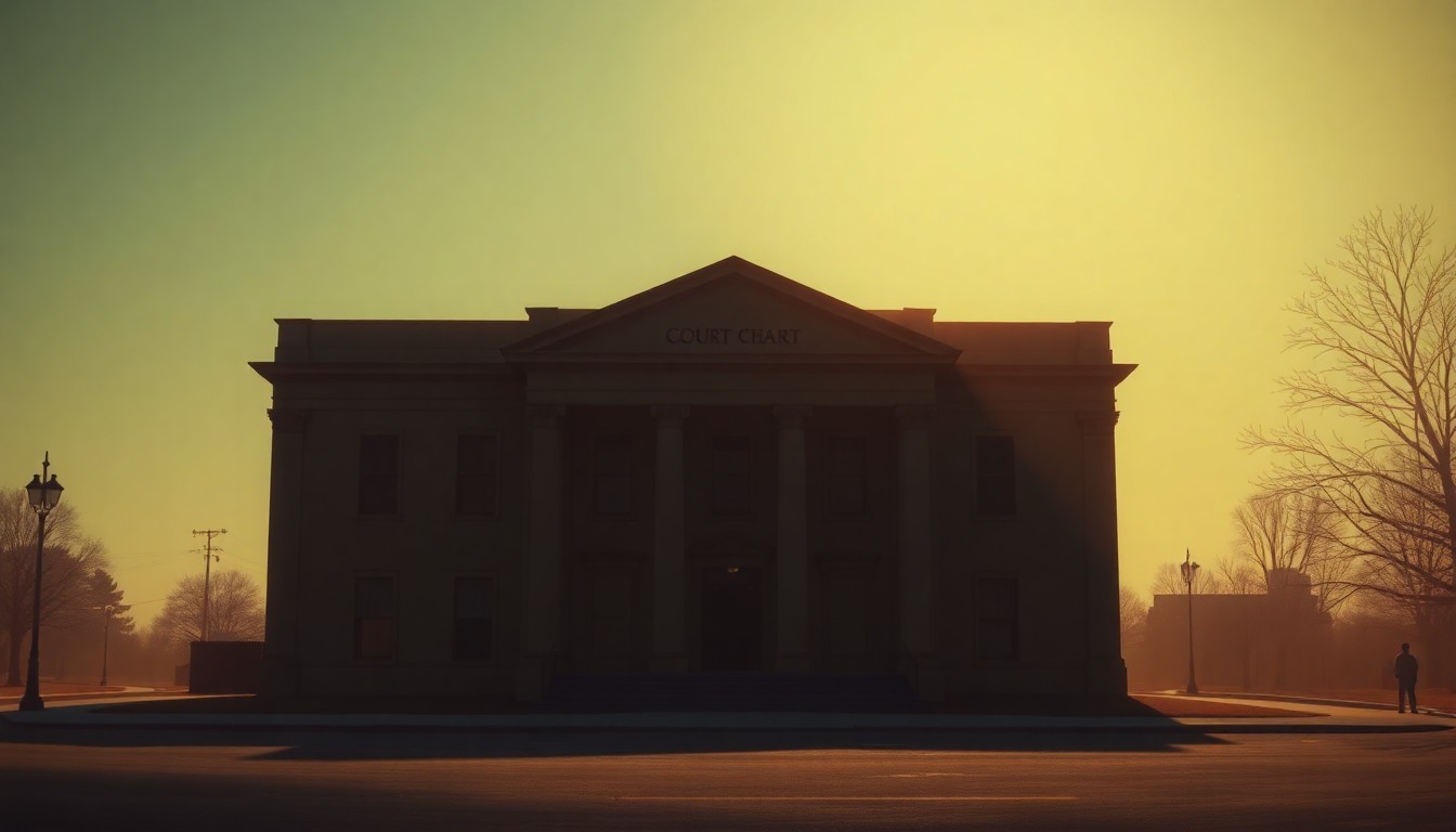 A serene, cinematic painting of a government building or courthouse, its facade bathed in warm, diagonal sunlight and deep shadows, conveying a sense of quiet contemplation on the intersection of law and politics.