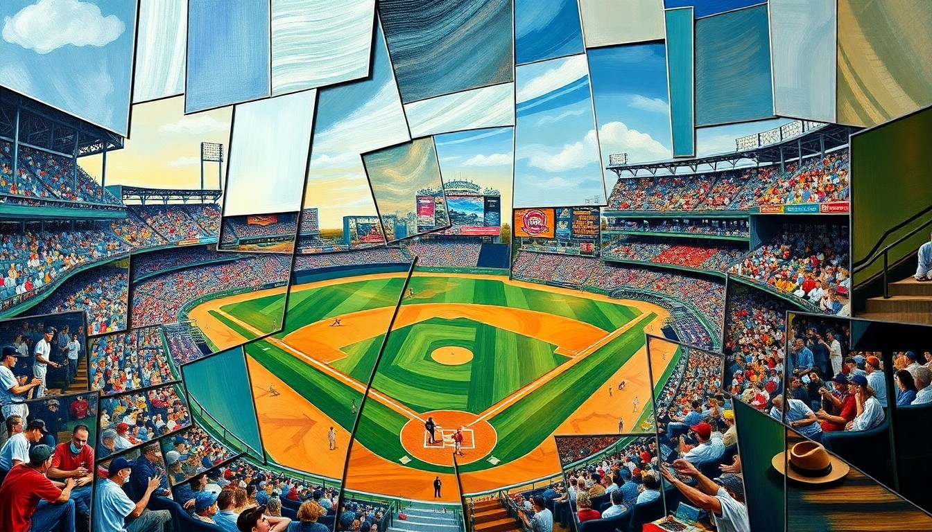 A cubist, geometric painting depicting a baseball game or match, with overlapping shapes and planes representing the dynamic nature of the sport and the roster changes happening in the MLB.