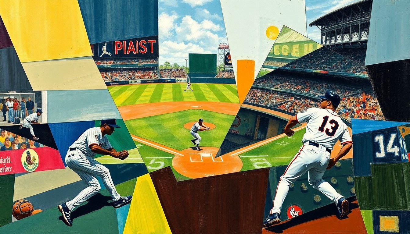 A fragmented, geometric painting depicting a baseball game in progress, with players and the field reduced to abstract shapes and lines in a cubist style, conveying the tension and energy of the tight contest.