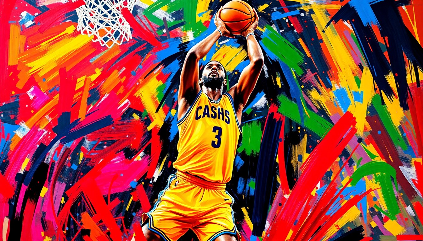 An abstract, energetic painting featuring bold, neon-colored brushstrokes that capture the dynamic movement and intensity of a basketball game, representing Kawhi Leonard's standout performance for the Clippers.