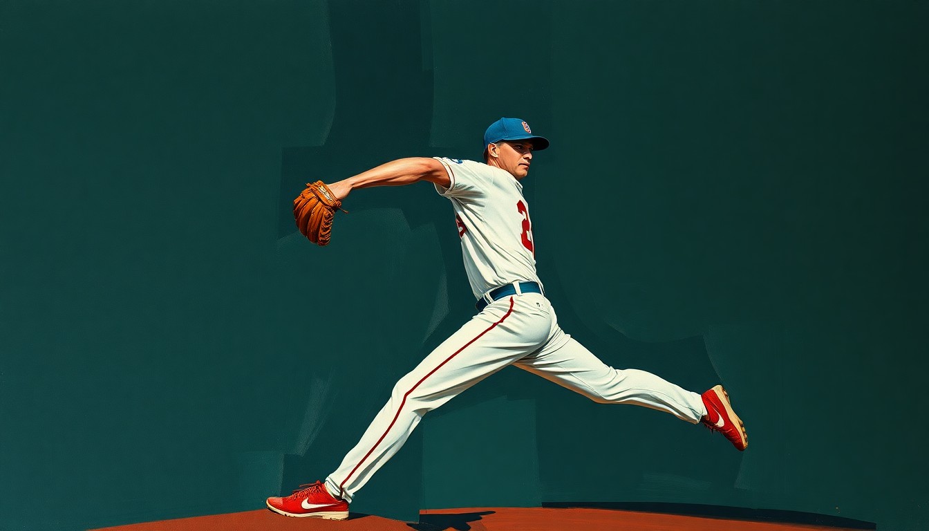 A cubist-style painting depicting a baseball pitcher's throwing motion broken down into sharp, overlapping geometric shapes in muted tones of navy, forest green, and burnt orange, conceptually representing the Brewers' efforts to build a versatile and unpredictable bullpen.