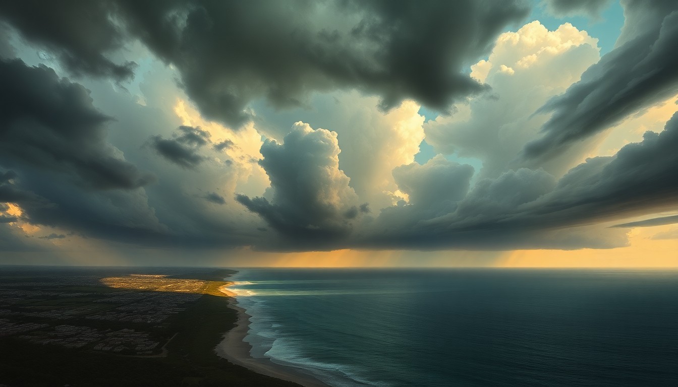 A sweeping landscape painting in muted tones of gray, blue, and green, depicting the coastline of Broward County under a dramatic, stormy sky. The built environment is dwarfed by the overwhelming scale of the natural elements, conveying the region's vulnerability to rising seas and extreme weather.