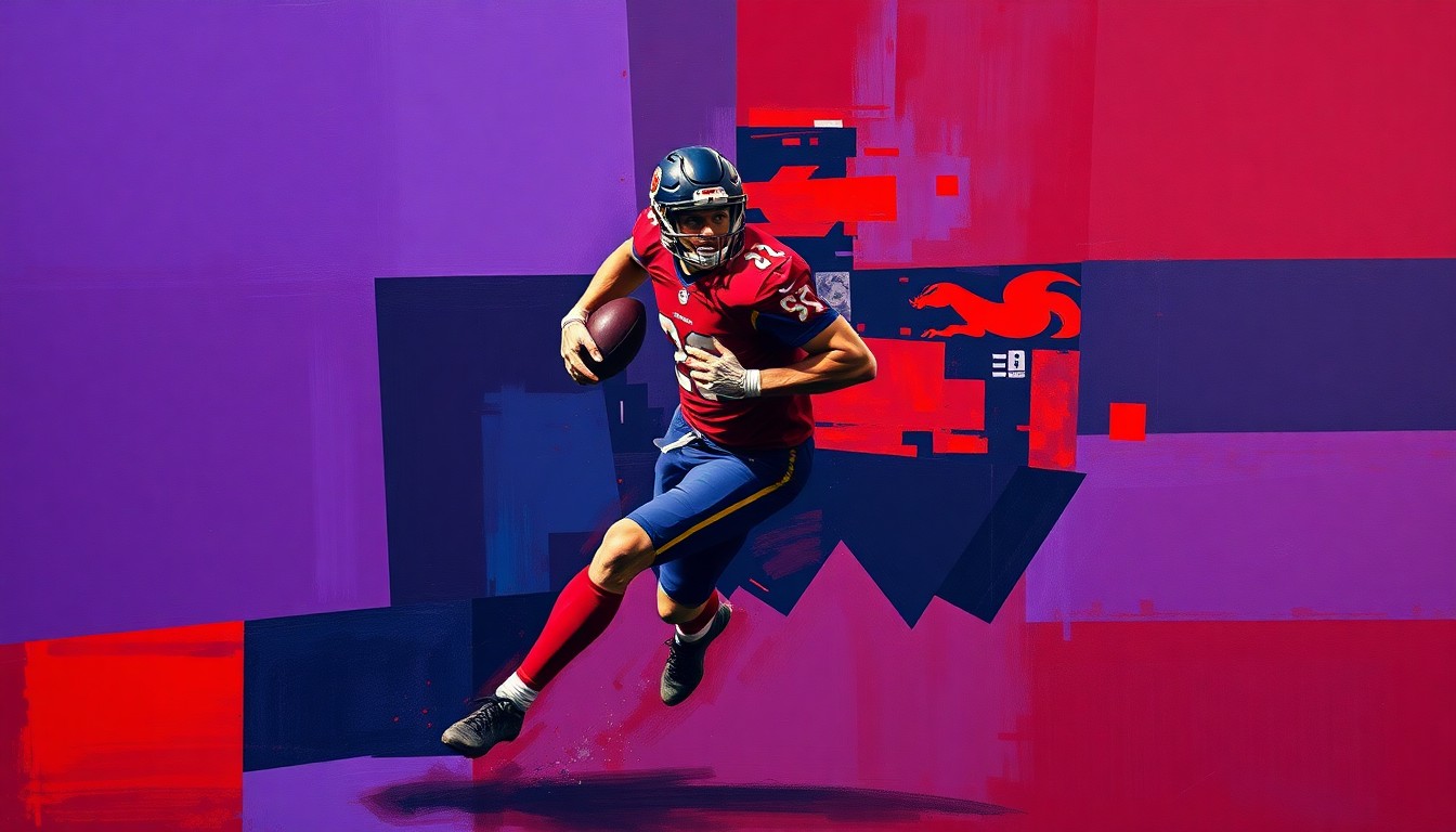 A fractured, cubist-style painting depicting a football player in mid-stride, with sharp, overlapping geometric shapes in deep purple, navy, and crimson, capturing the dynamic energy and multi-faceted nature of the sport.