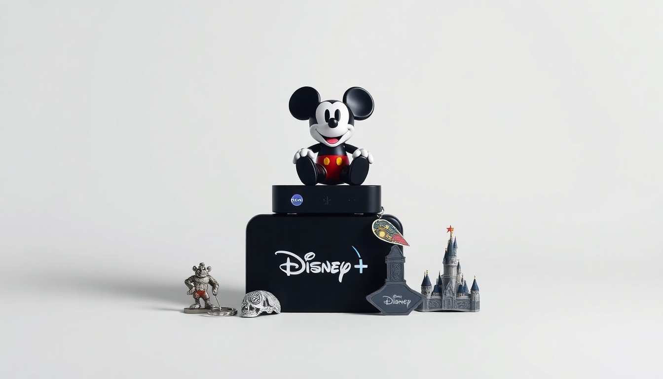 A high-end, photorealistic studio still-life photograph featuring a stack of Disney-branded merchandise, including a Mickey Mouse figurine, a Disney+ streaming device, and a Disney theme park souvenir, all arranged elegantly on a clean, monochromatic background. The objects are lit with sharp, dramatic studio lighting, creating deep shadows that symbolize the abstract challenges facing Disney's legacy media business.