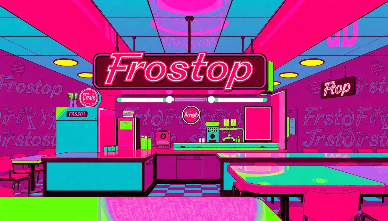 A bold, colorful silkscreen-style illustration featuring a repeating pattern of a classic diner counter with a neon 