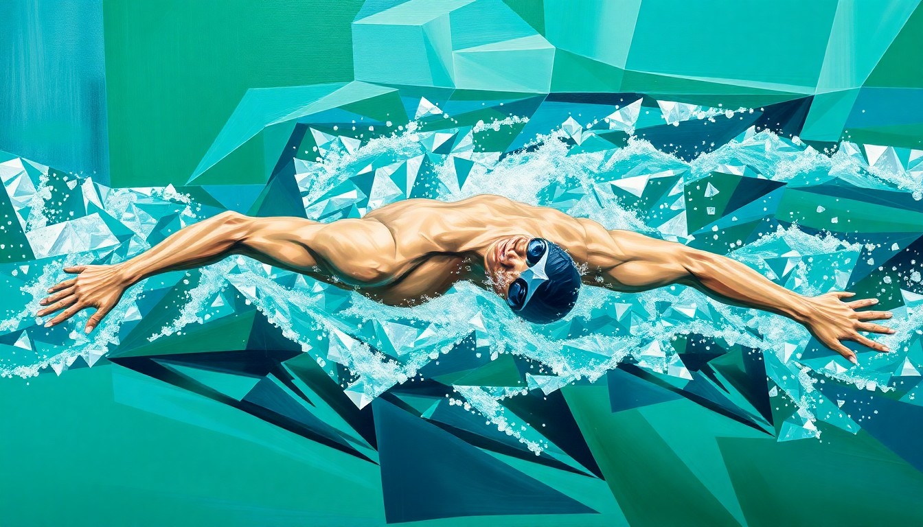A fractured, geometric painting in shades of green, blue, and silver, depicting the overlapping motion and planes of a swimmer's breaststroke, conveying the dynamic energy and determination of an athlete's journey.