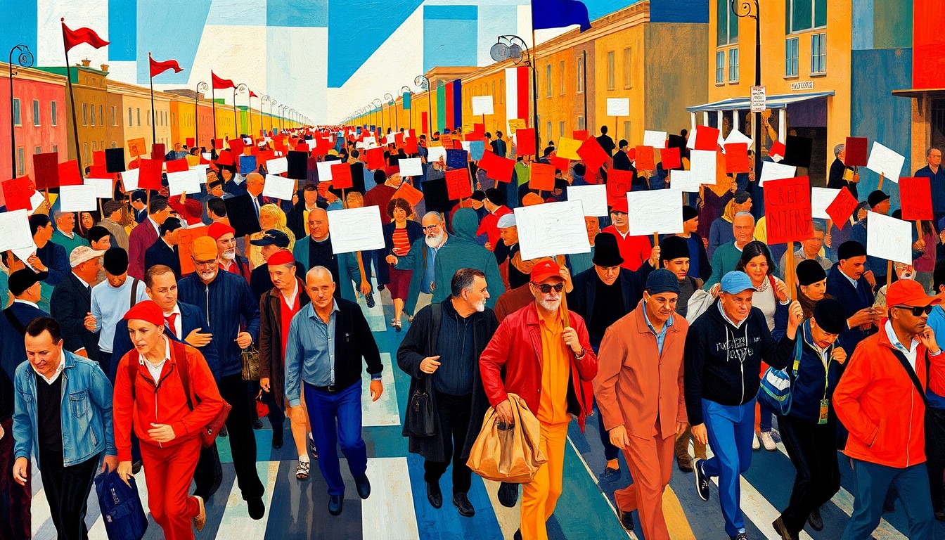 A dynamic, abstract painting depicting a crowd of protesters marching in overlapping, fractured waves of bright colors, conveying the energy and momentum of the nationwide demonstrations.