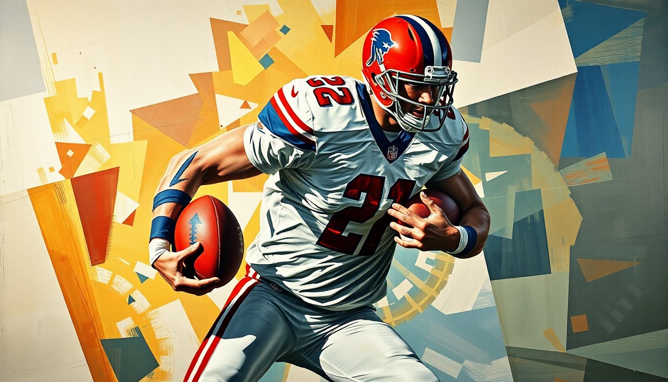 A fractured, multi-perspective painting depicting the raw athleticism and power of a football player in motion, with sharp, overlapping geometric planes that obscure the player's identity but convey the dynamic nature of the running back position.