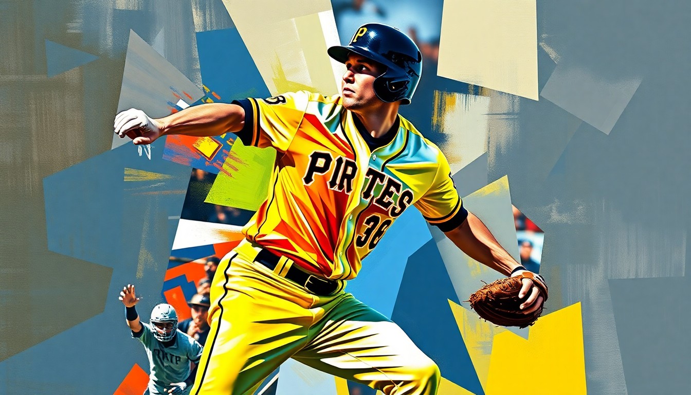 A fragmented, cubist-style painting depicting a baseball player in motion, with sharp, overlapping geometric shapes in the team's colors of black, gold, and red, conveying the dynamic energy and significance of a major contract extension.