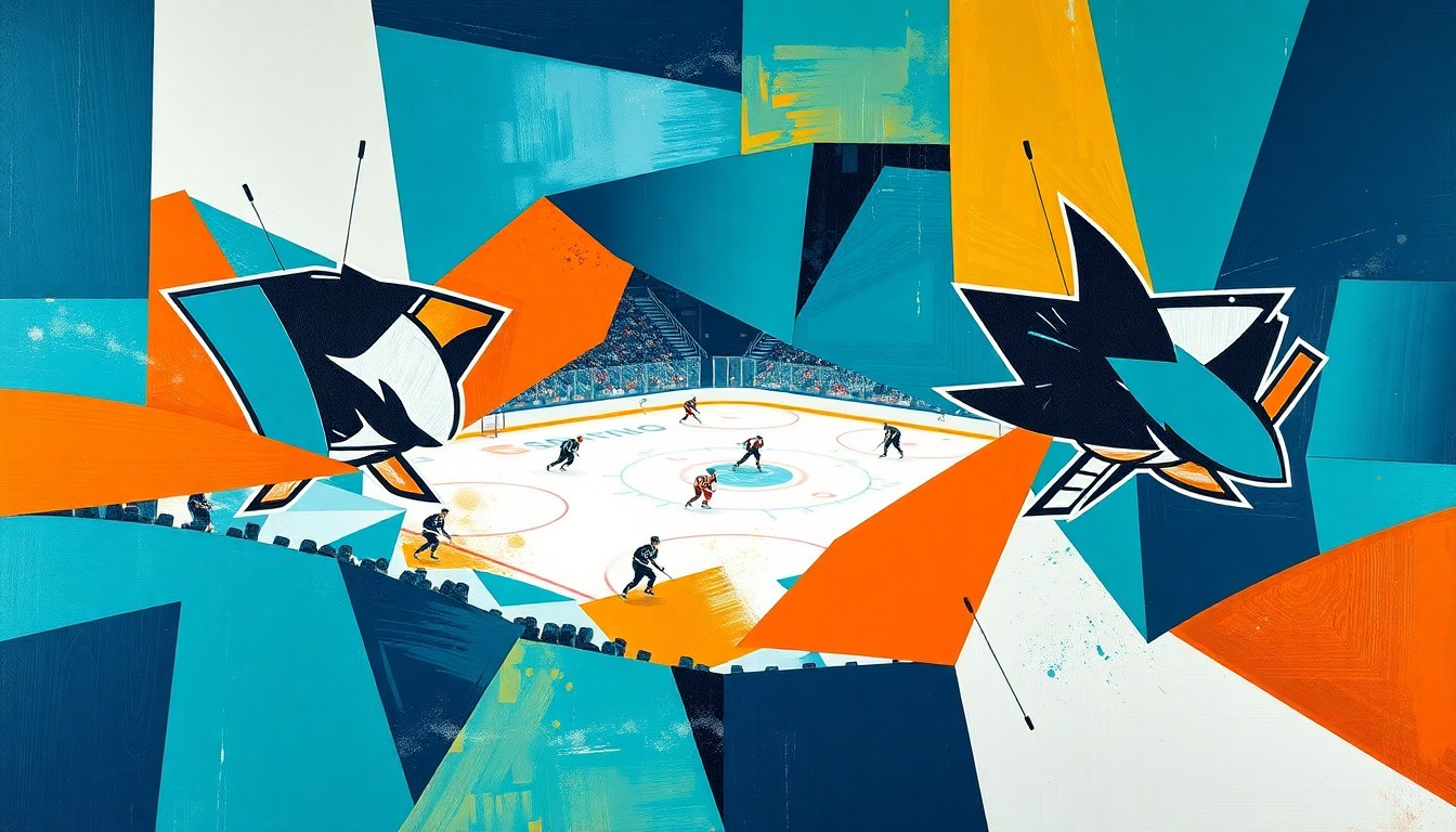 A cubist, geometric painting depicting a hockey game with overlapping planes of teal, orange, and navy blue, capturing the dynamic action and energy of the match between the Anaheim Ducks and San Jose Sharks.