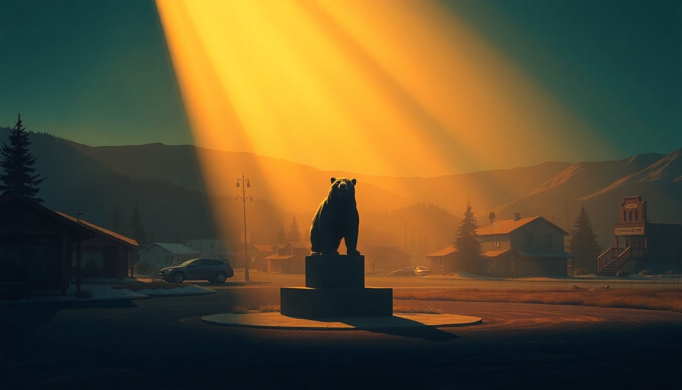 A photorealistic painting of a lone grizzly bear statue or monument in a small mountain town, with warm sunlight and deep shadows creating a contemplative, nostalgic mood, conceptually representing the ongoing debate over the reintroduction of the extinct California grizzly bear.