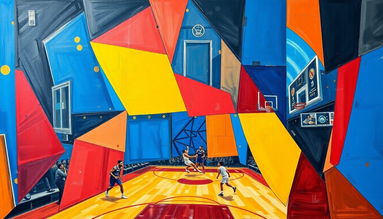 A fractured, multi-perspective painting depicting the action and movement of a basketball game, with sharp, overlapping geometric shapes in vibrant colors like royal blue, crimson red, and golden yellow, conceptually representing the athleticism and versatility of the two new players joining the Central Lakes College basketball team.