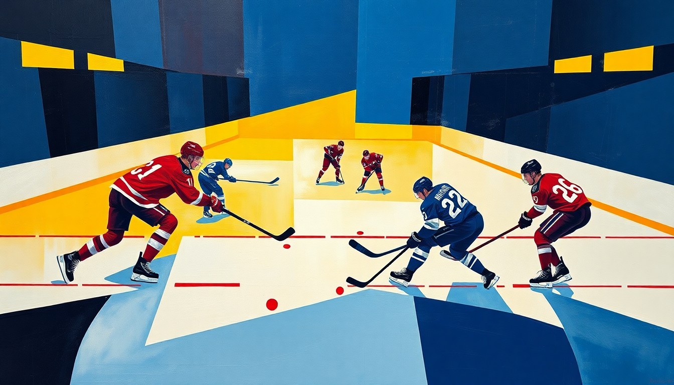 A fragmented, geometric painting depicting the chaotic energy of a high-stakes college hockey game, with overlapping planes of players, sticks, and pucks in motion against a backdrop of bold primary colors.