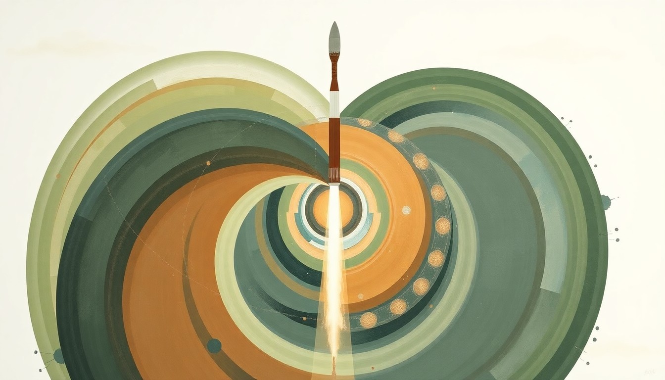 A bold, abstract painting featuring sweeping geometric arcs, concentric circles, and precise spirals in earthy tones of green, brown, and blue, conceptually representing the complex engineering and physics behind the delayed launch of Blue Origin's New Glenn rocket.