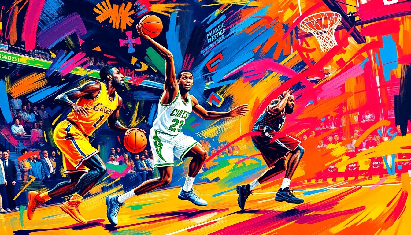 An abstract, expressionist painting in neon colors depicting the dynamic movement and energy of an NBA basketball game, with the players' forms dissolved into vibrant, gestural shapes.