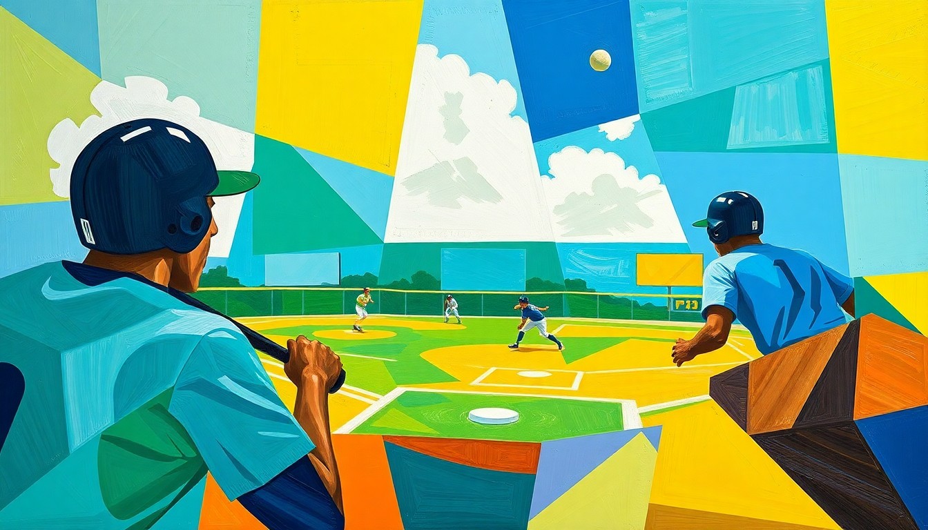 A cubist, geometric painting featuring abstracted softball players in bold, angular shapes and vibrant colors, capturing the dynamic energy and collective achievement of Ogden High's record-breaking season.