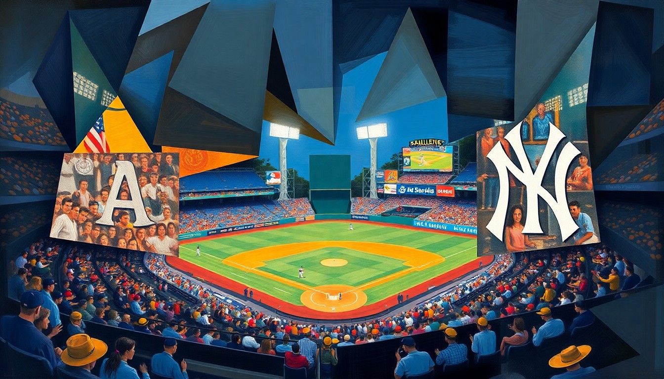 A cubist, geometric painting depicting a baseball game between the Oakland Athletics and New York Yankees, with the players and field broken down into sharp, overlapping planes of color and shape.