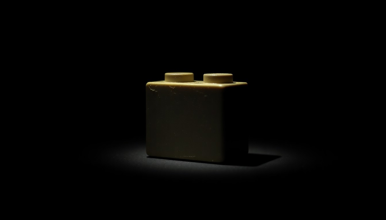 An extreme close-up photograph of a single LEGO brick, lit by a harsh, direct camera flash against a pitch-black background. The LEGO brick appears isolated, textured, and gritty, conceptually representing the investigative nature of this property crime case.
