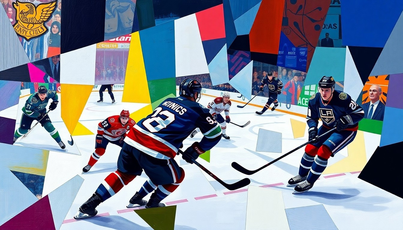 A fractured, multi-perspective painting in the style of Pablo Picasso, breaking down a hockey game into sharp, overlapping geometric planes of blue, green, and purple, with the players' forms deconstructed into abstract shapes and planes.