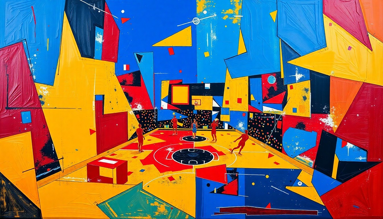 A cubist-style painting depicting a basketball game or match, with the players and court broken down into sharp, overlapping geometric shapes in a vibrant color palette, conveying the energy and dynamism of the sport.