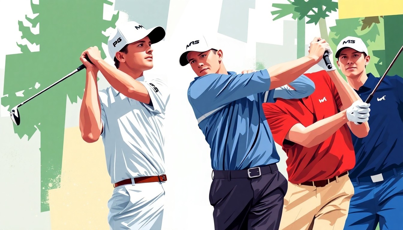 A cubist-style painting featuring fragmented, overlapping geometric shapes in shades of green, blue, and brown, conveying the dynamic energy and competitive spirit of a major golf tournament.