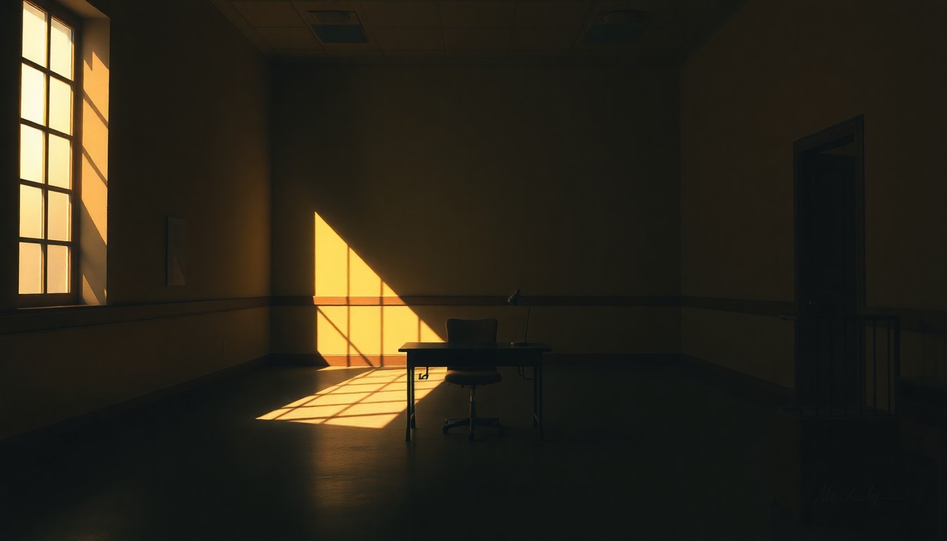 A dimly lit, cinematic painting of a solitary desk or office chair in a university building, with warm sunlight casting deep shadows and creating a contemplative, melancholy mood that reflects the somber nature of the story.