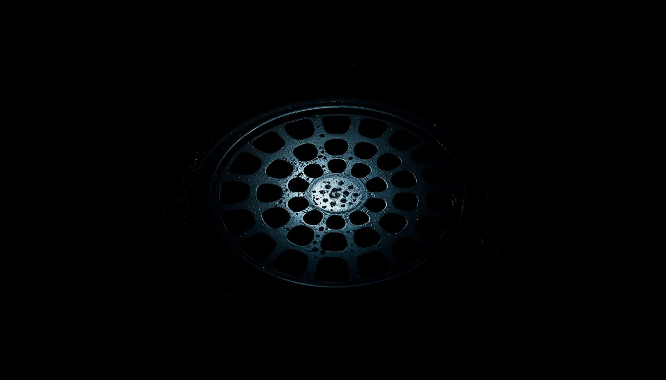 An extreme close-up photograph of a pool drain cover, lit by a harsh, direct camera flash against a pitch-black background, creating a stark, gritty, investigative aesthetic that conceptually represents the tragic incident of a student with special needs nearly drowning in their school's pool.