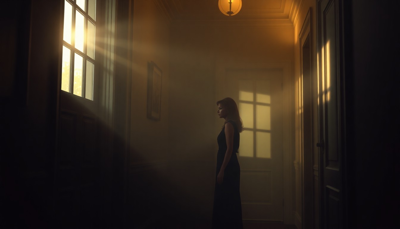 A cinematic painting of Melania Trump standing alone in a dimly lit White House hallway, her expression pensive as she gazes out a window, the scene bathed in warm, diagonal sunlight and deep shadows.