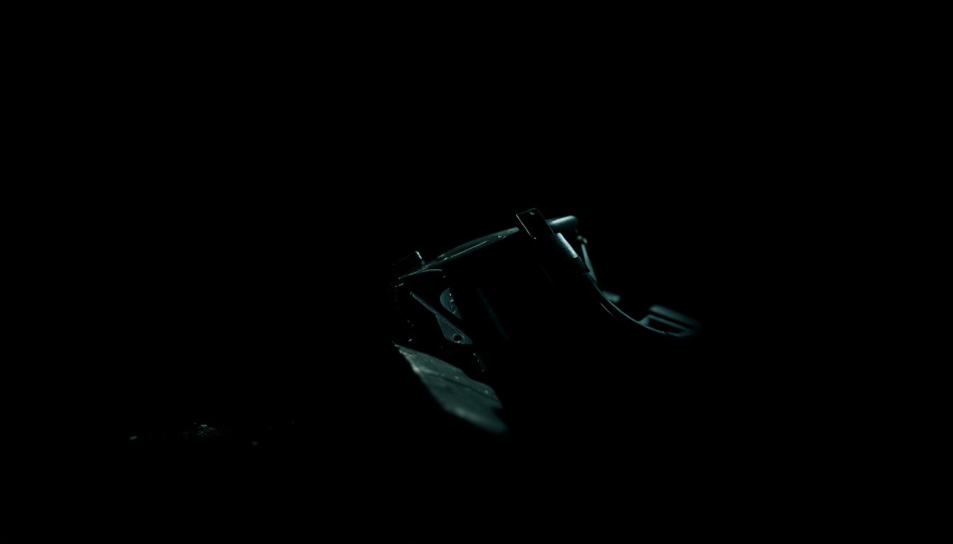 An extreme close-up photograph of a damaged car part or piece of debris from a rollover crash, lit by a harsh, direct camera flash against a pitch-black background, conveying a stark, gritty, investigative aesthetic.