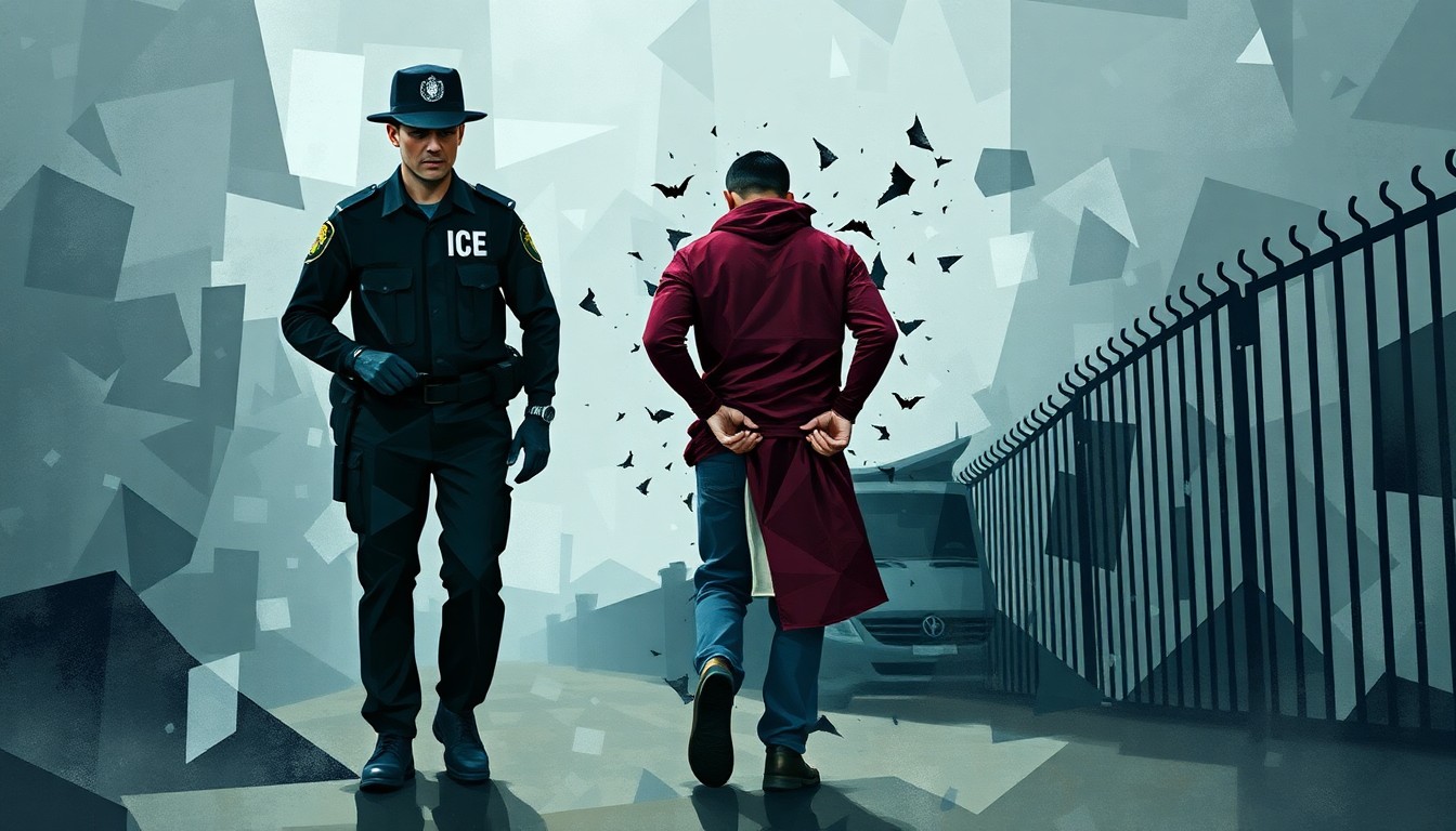 A fragmented, abstract painting depicting the silhouettes of an ICE agent, a handcuffed immigrant, and a border fence, all rendered in a palette of dark, muted colors to convey a sense of motion, tension, and uncertainty around the administration's immigration policies.