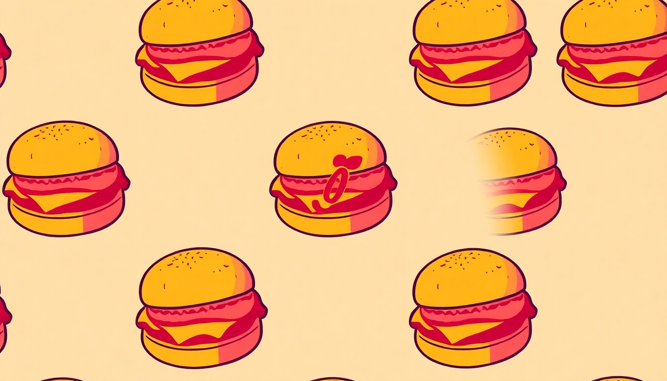 A brightly colored, high-contrast silkscreen print of a Chick-fil-A chicken sandwich repeated in a tight grid pattern, utilizing flat, vibrant, and unnatural neon color palettes overlapping with heavy black photographic outlines to turn an everyday consumer item into modern pop art, conceptually representing the superstitious practices of Chinese immigrants seeking U.S. work visas.