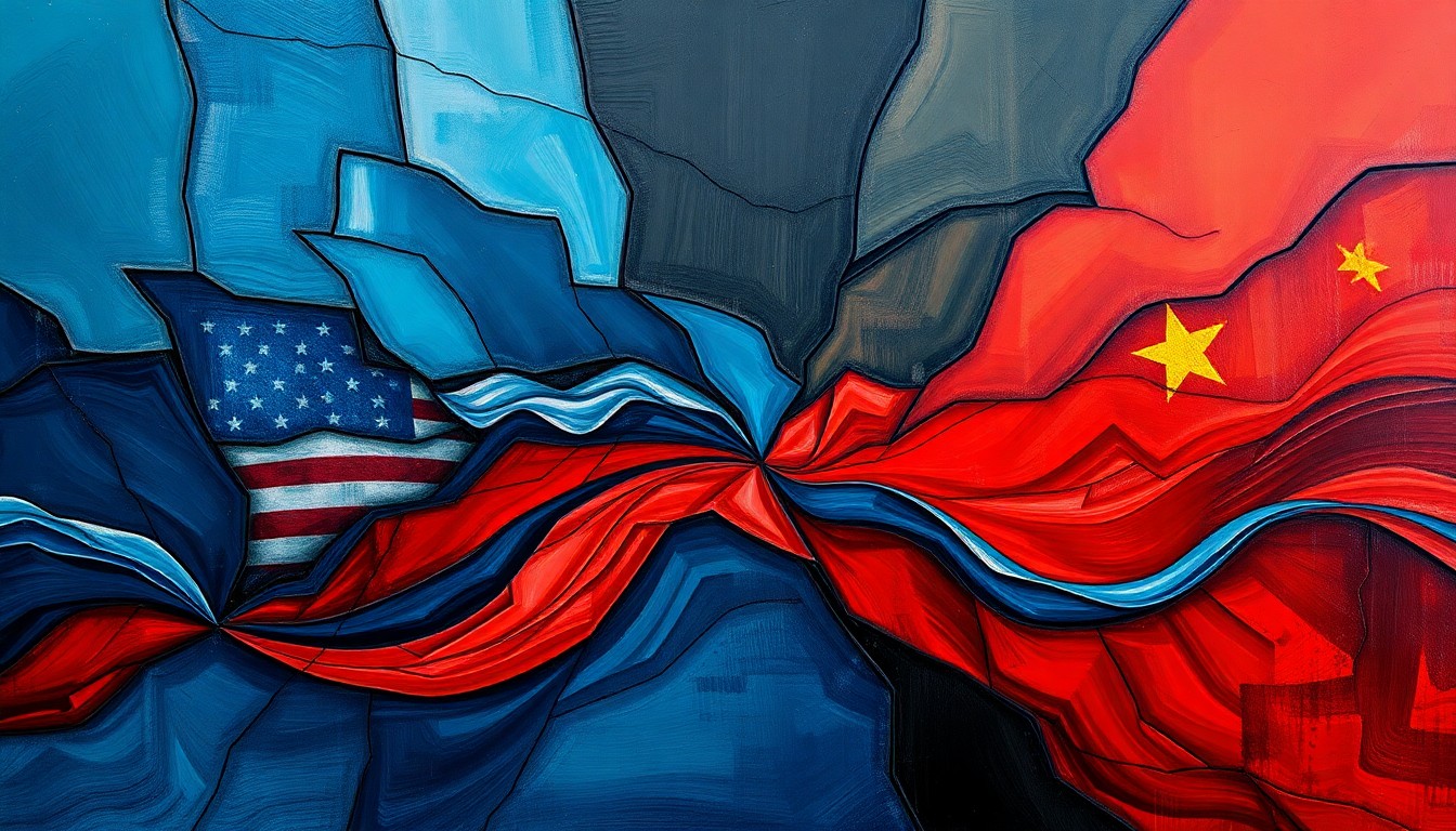 A dynamic, abstract painting with overlapping geometric shapes and waves of deep blues, reds, and golds, conceptually representing the complex geopolitical tensions and shifting power dynamics between the U.S., China, and Iran.