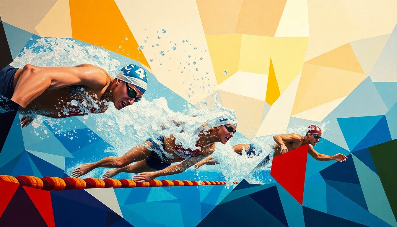 A fractured, multi-perspective painting in vibrant colors depicting the dynamic motion and teamwork of a college swimming relay race, with no identifiable individuals or logos.