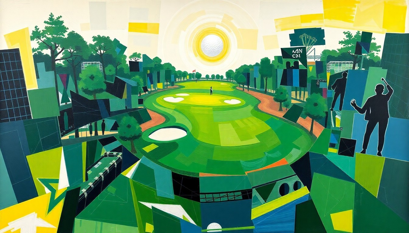 A dynamic, abstract painting in the cubist style, with sharp geometric planes and overlapping shapes representing the tension and energy of the 15th hole at Augusta National Golf Club.