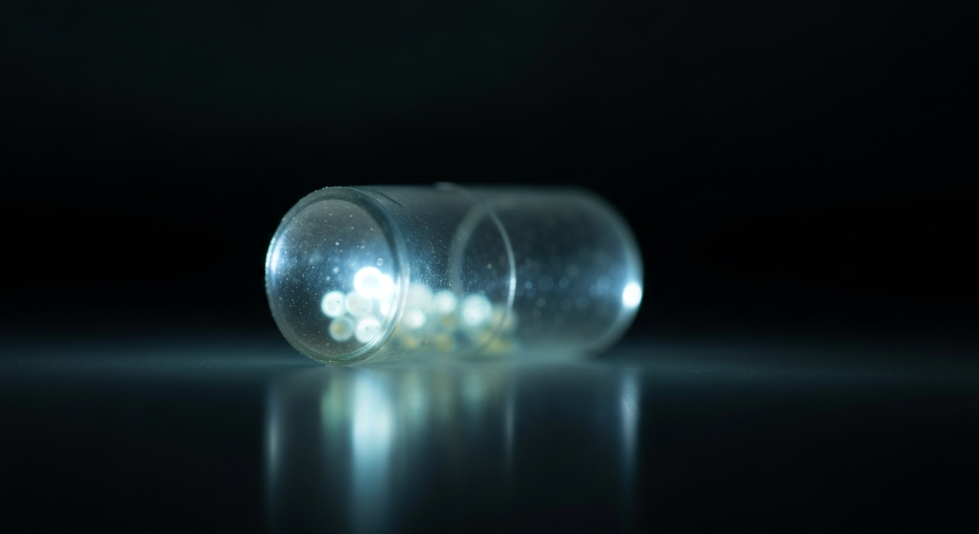 A translucent, ghostly X-ray image of an opioid pill capsule, conceptually illustrating the hidden dangers of substance abuse.