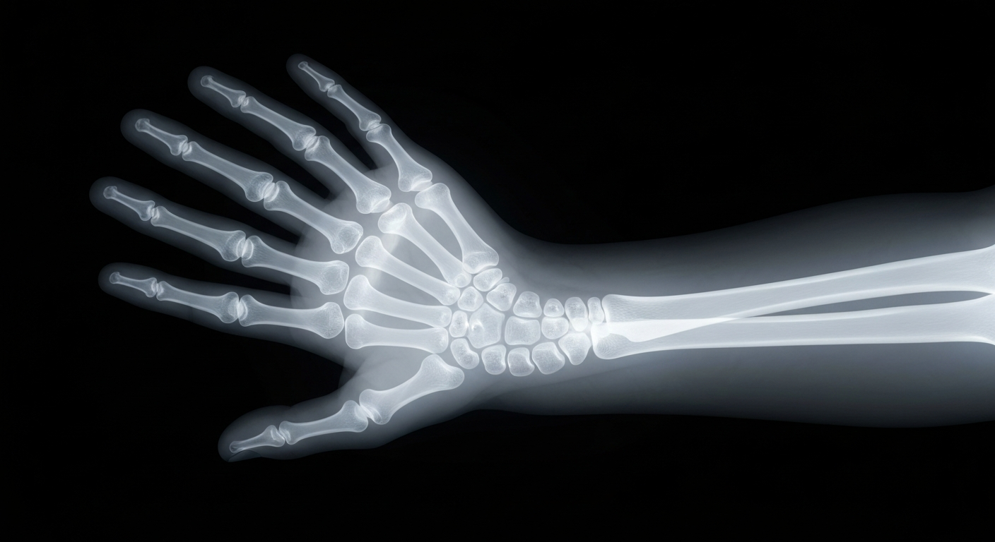 A ghostly, translucent X-ray image of a human hand and forearm, the bones and muscles glowing with an ethereal light against a dark background, conceptually representing the fragility and resilience of the human body in the face of motor neurone disease.