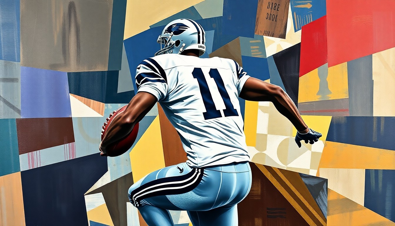 A fragmented, geometric painting depicting a football player in motion, with sharp, overlapping planes of color and form representing the player's speed and agility.