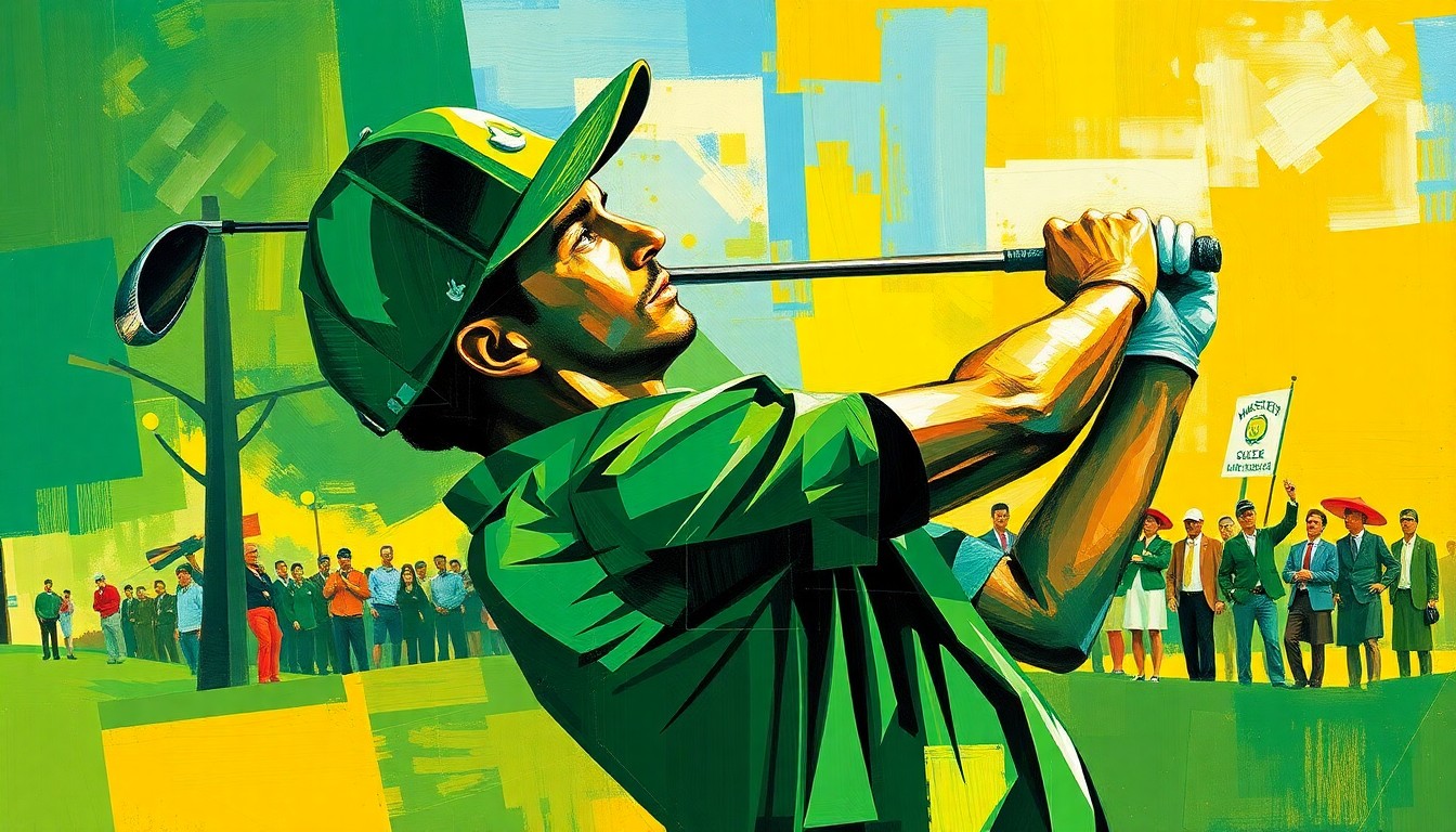 A fractured, cubist-style painting depicting a golfer's swing and the Masters tournament in an abstract, geometric composition of emerald green, sky blue, and golden yellow shapes.